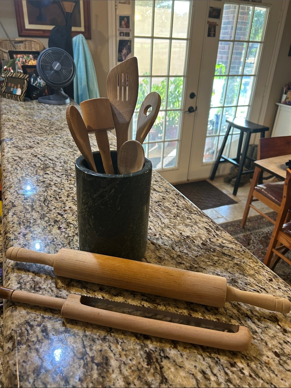 Wooden Kitchen 7 Piece Utensil Set with Black & Dark Green Marble Holder-Kitchen